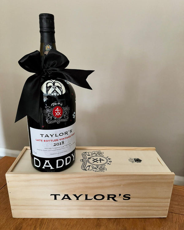 Hand painted bottle and brush bottle, with wooden box for Amanda Holden's dad 