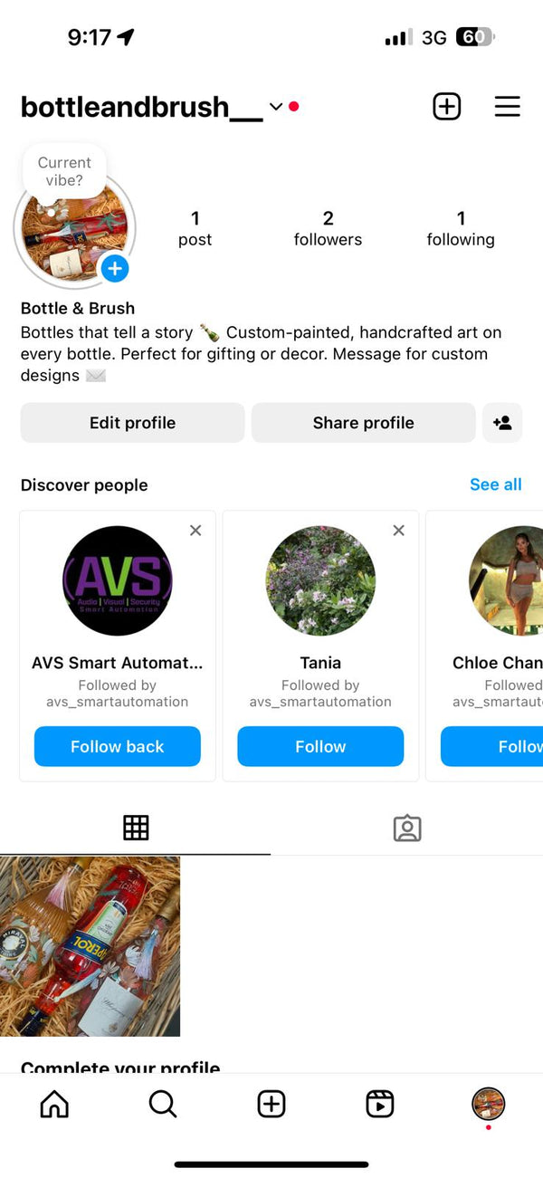 Social media profile of 'bottleandbrush' with a focus on hand-painted bottles - before the launch