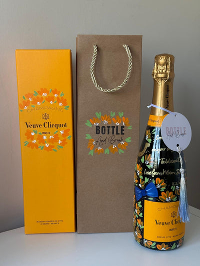 Personalised hand painted bottle for wedding gift and matching giftbag