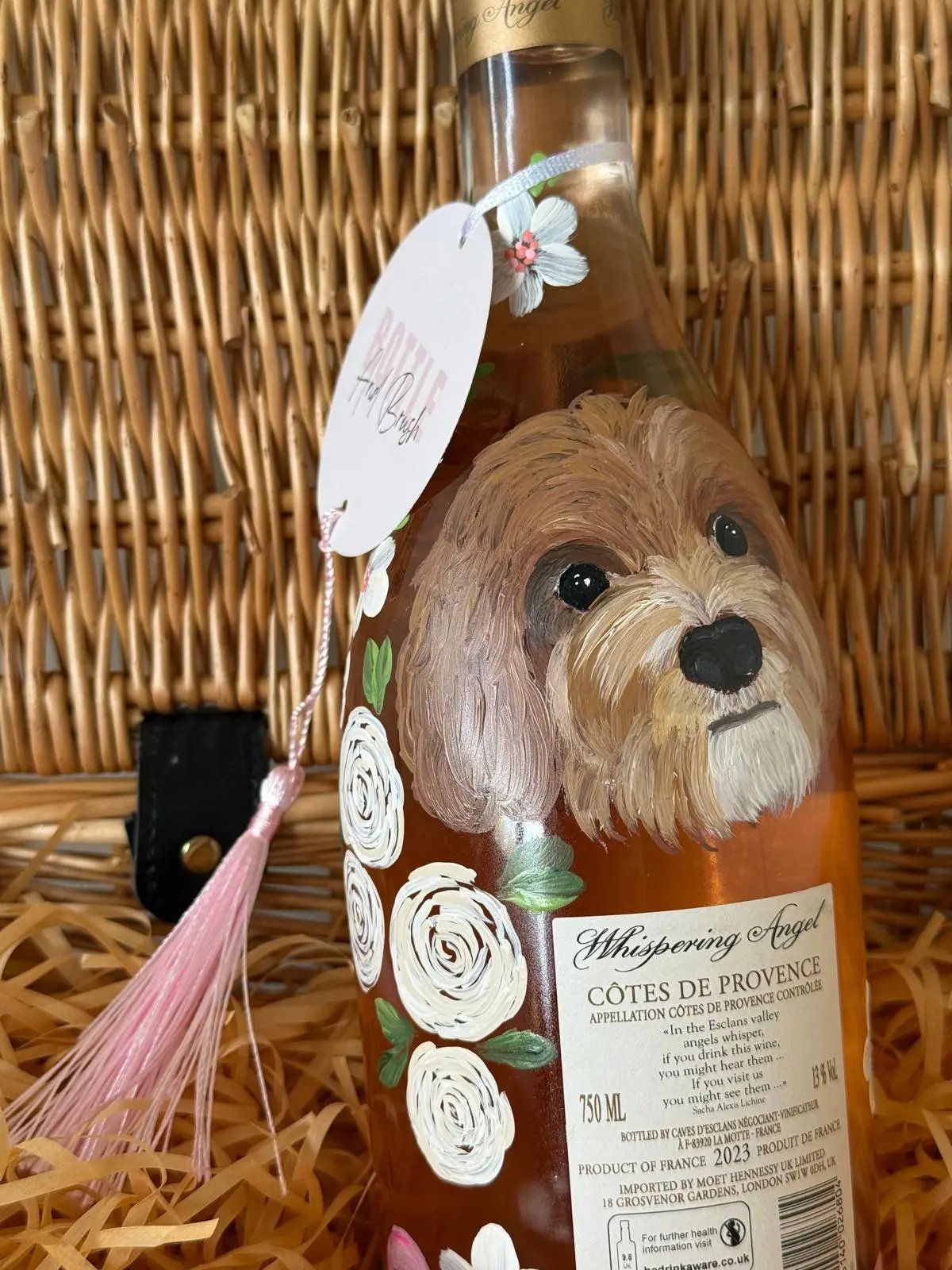 Hand painted bottle, personalised with dog pet portrait