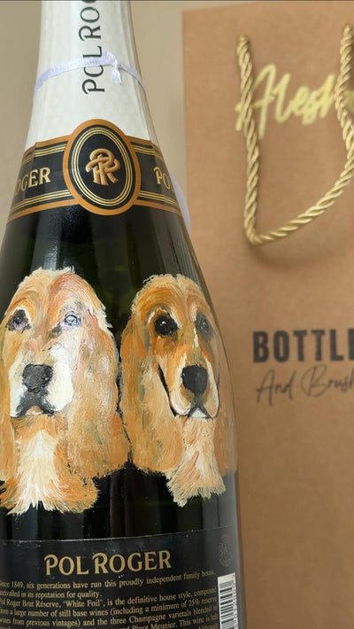 Bottle of Pol Roger champagne with hand painted dog portraits for Alesha Dixon, Britain's Got Talent Judge