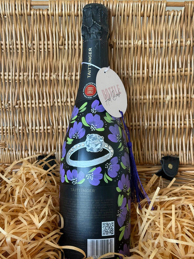 Hand painted engagement bottle gift with diamond ring and florals