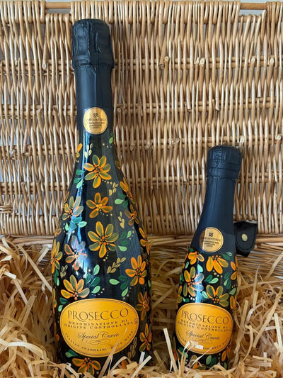 Hand painted miniature bottle of prosecco and matching standard size
