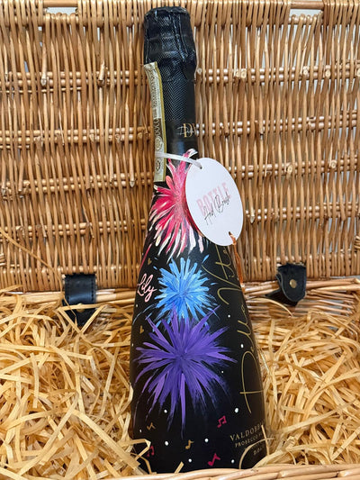 Hand painted gift bottle with new years eve firework theme