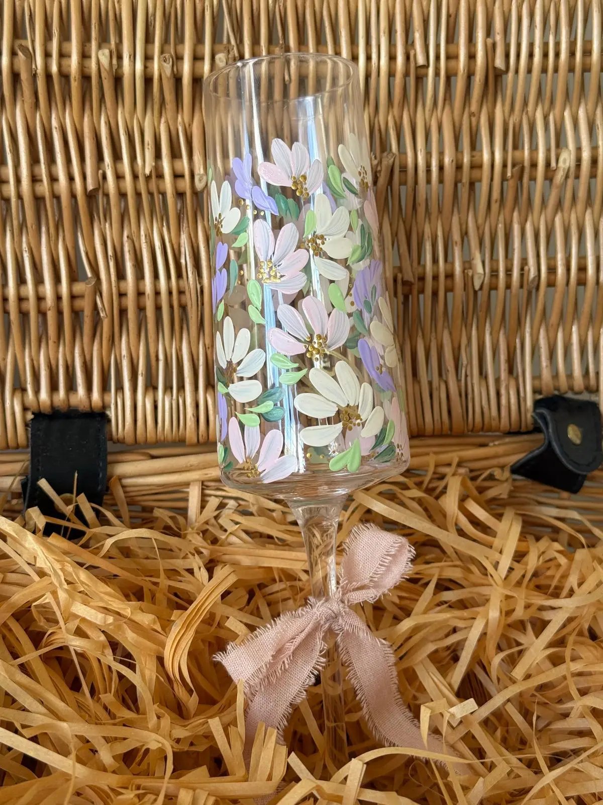 Decorative champagne flute with floral design  hand painted gift