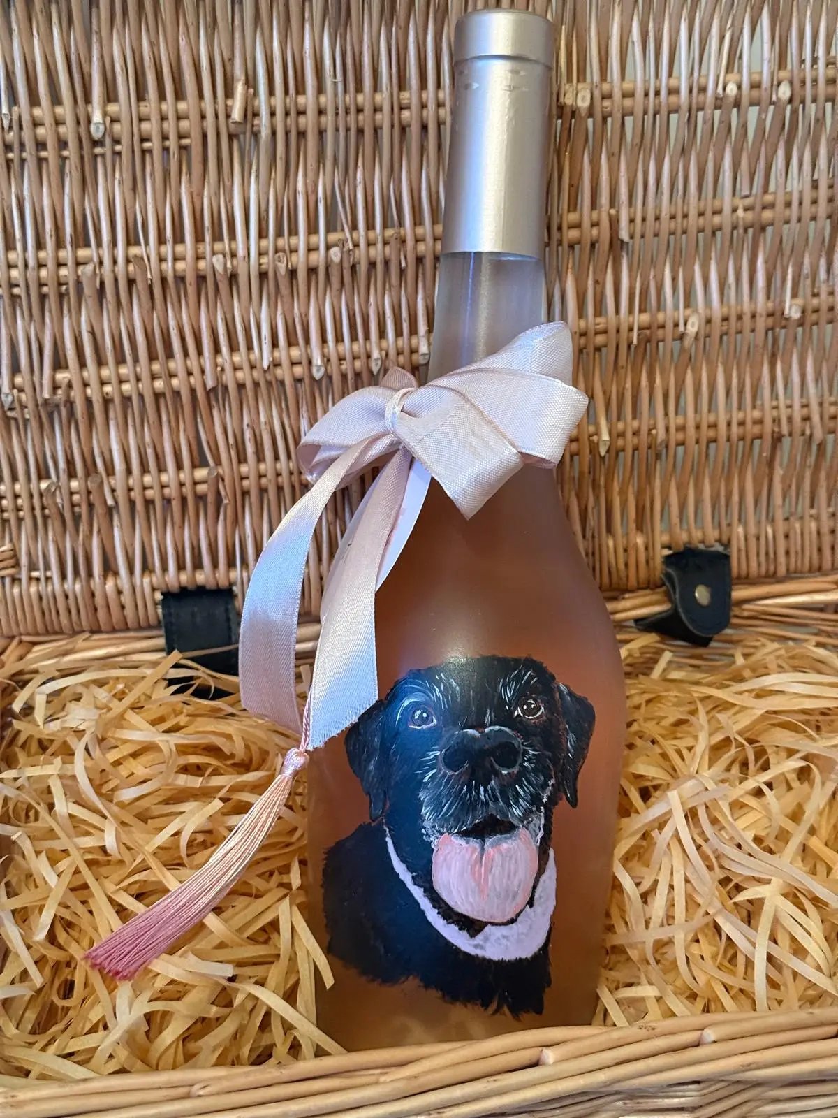 Decorative bottle with a hand painted dog design for birthday gift