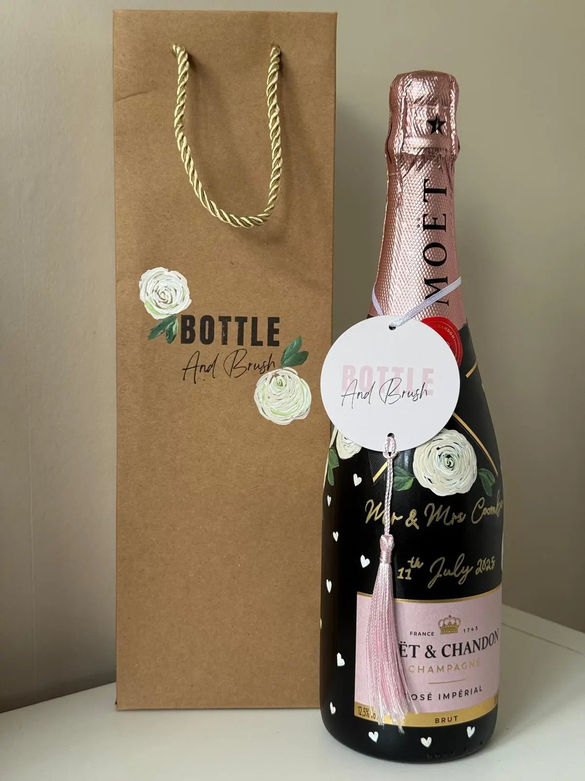 Hand painted wedding gift bottle with matching gift bag