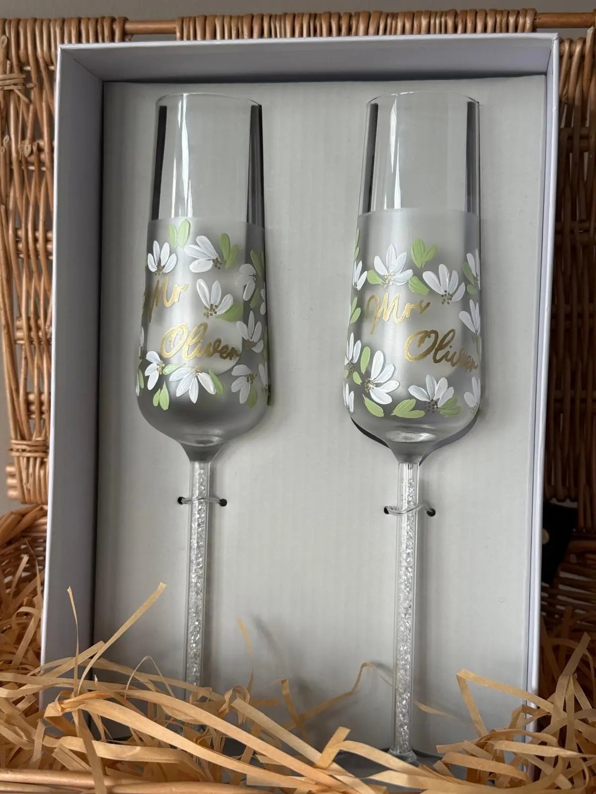 Mr and Mrs champagne flute with personalisation and floral hand painting
