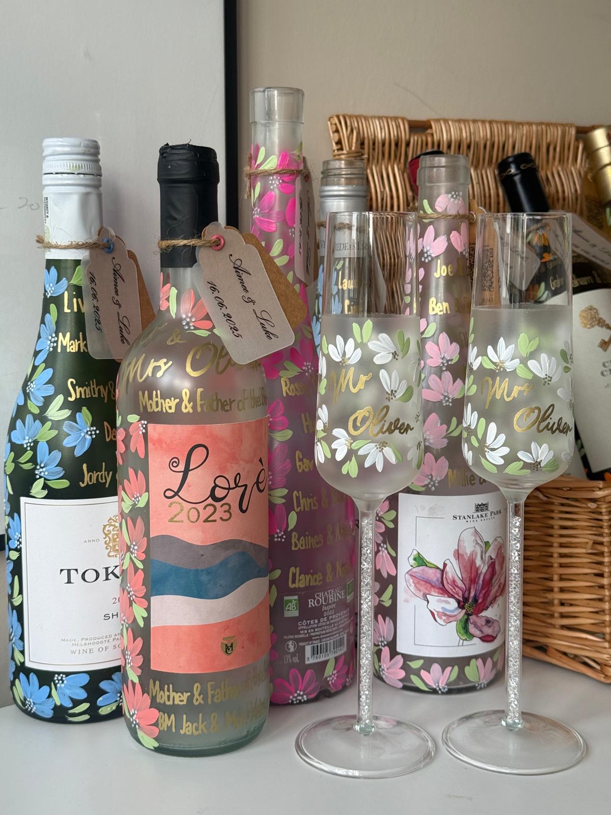 Personalised hand painted wedding bottles by Bottle and Brush