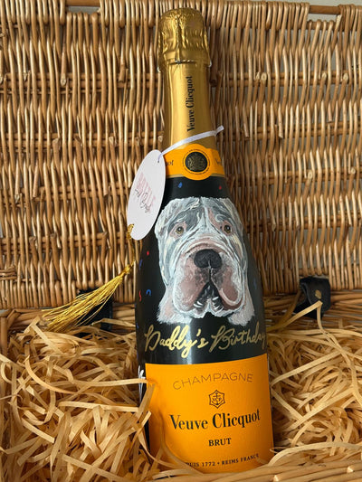 Veuve Clicquot champagne bottle with a hand painted dog portrait personalised