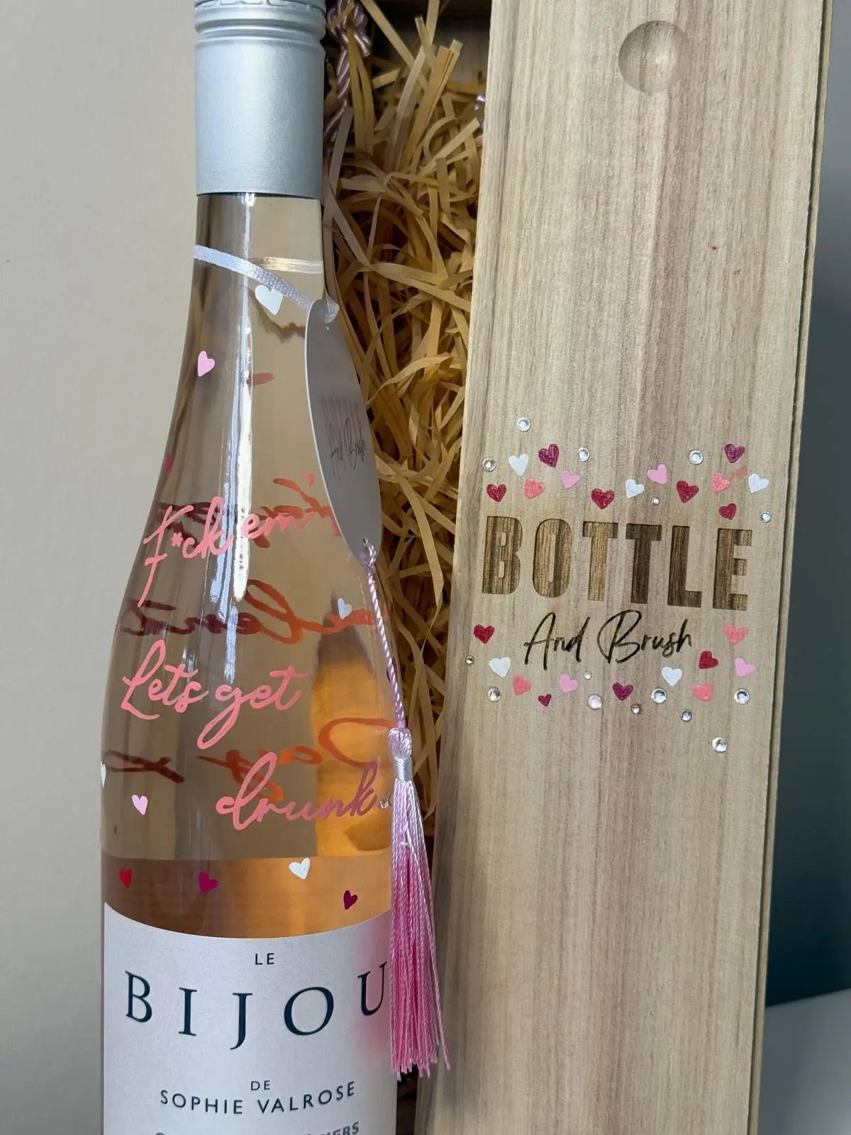 Matching hand painted bottle and wine box gift for valentines 